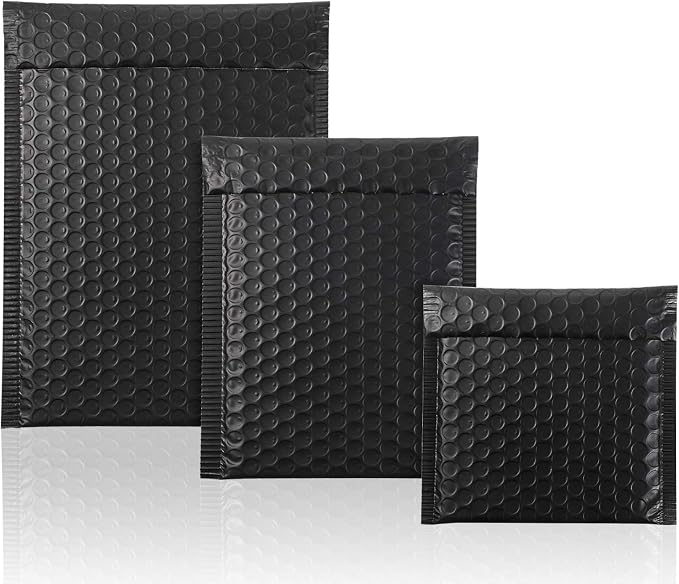 50 Pieces Bubble Mailers 3 Sizes Self Seal Adhesive Poly Mailers Metallic Foil Glitter Padded Shipping Bubble Envelopes for Valentine Mailing Packing Small Business (Black)
