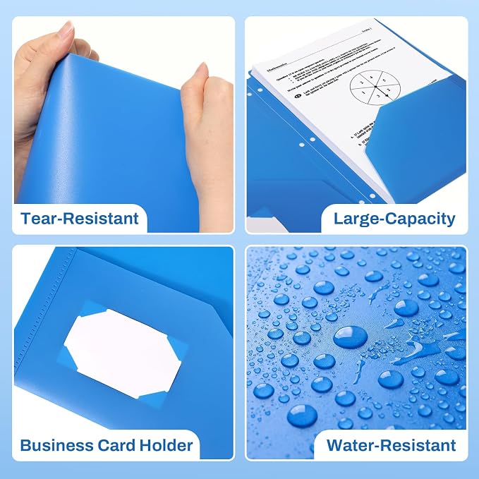 SUNEE 3 Hole Pocket Folders (1 Pack, Blue), Plastic Pocket Folders for 3 Ring Binder, 3-Hole Punched Folder with Pockets, for Kids, Students, Teachers, Office Staff