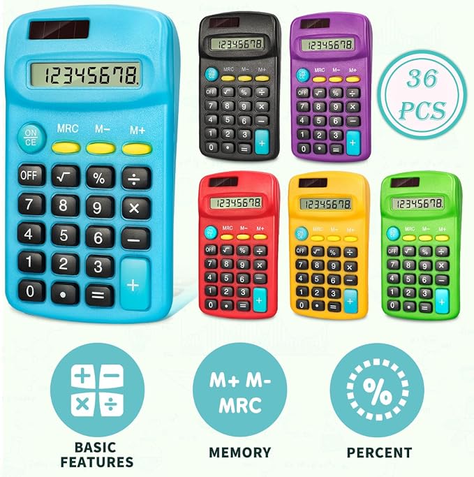 36 PCS Basic Calculators, Pocket-Size Mini with 8 Digit Display, Solar/Battery Dual Power - Bulk for Students, Classroom, Junior High, School, Home & Office (6 Colors)