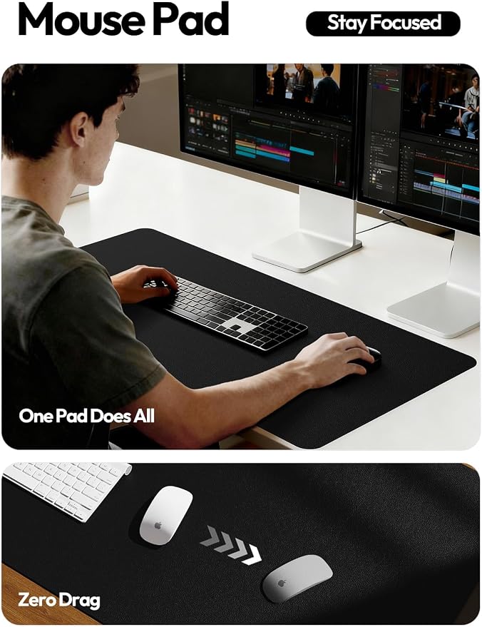 YSAGi Leather Office Desk Pad Protector, Large Mouse Pad, Non-Slip, PU Leather, Laptop Desk Blotter, Waterproof Writing Pad for Office and Home, Black, 23.6" x 13.8"