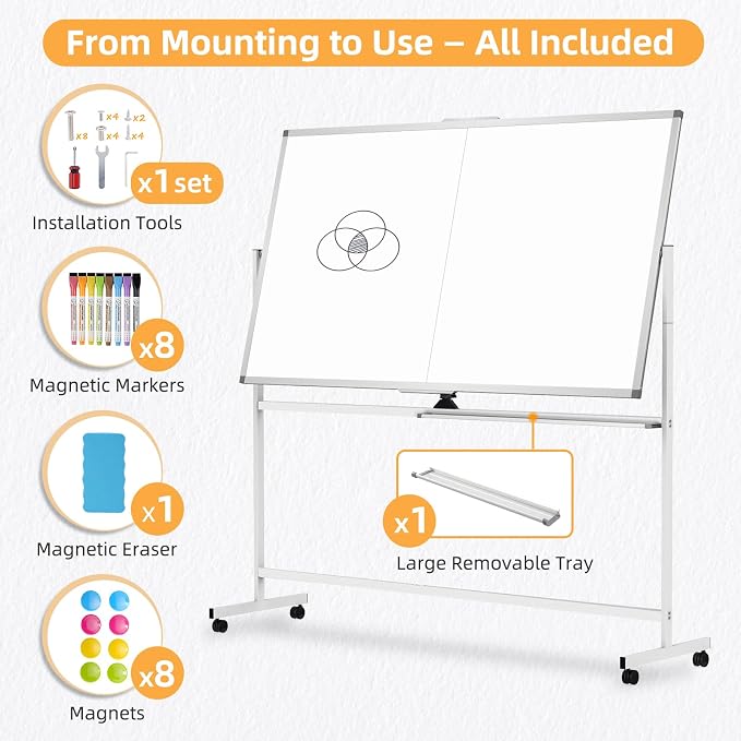 Rolling Dry Erase Whiteboard with Stand, 48" x 36" White Board on Wheels | Double-Sided Reversible, 4' x 3' Magnetic Standing Whiteboard, Mobile Portable Board for Office School Home Classroom