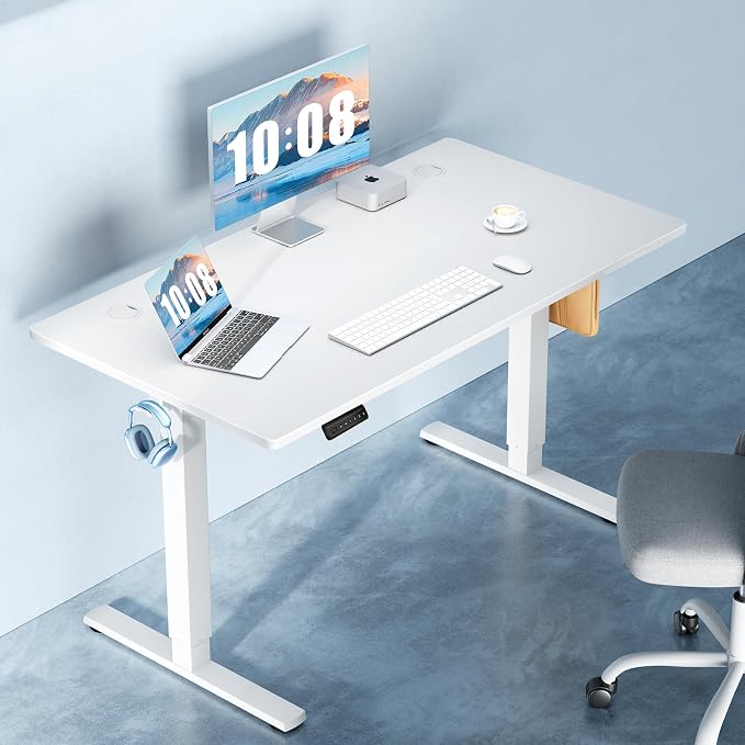 DUMOS 48 Inch Electric Standing Desk, Memory Adjustable Home Office Desk | Sit Stand Up Desk for Work Home Office,Adjustable Desk, Rising Computer Table with Splice Board,Cable Management,Hook,White