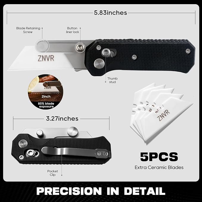 Premium Folding Utility Knife with 5 Extra Ceramic Blades, Box Cutter, Heavy duty & Lightweight Design, G10 Handle, Pocket clip, safety Lock, EDC Pocket Knife for home, Office, Factory, Camping