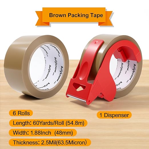 Brown Packing Tape 6 Rolls Heavy Duty Packing Tape with 1 Dispenser - 2.5mil x 1.88" x 60Y Strong Adhesive Packaging Tape for Carton Sealing, Shipping, Mailing & Storage