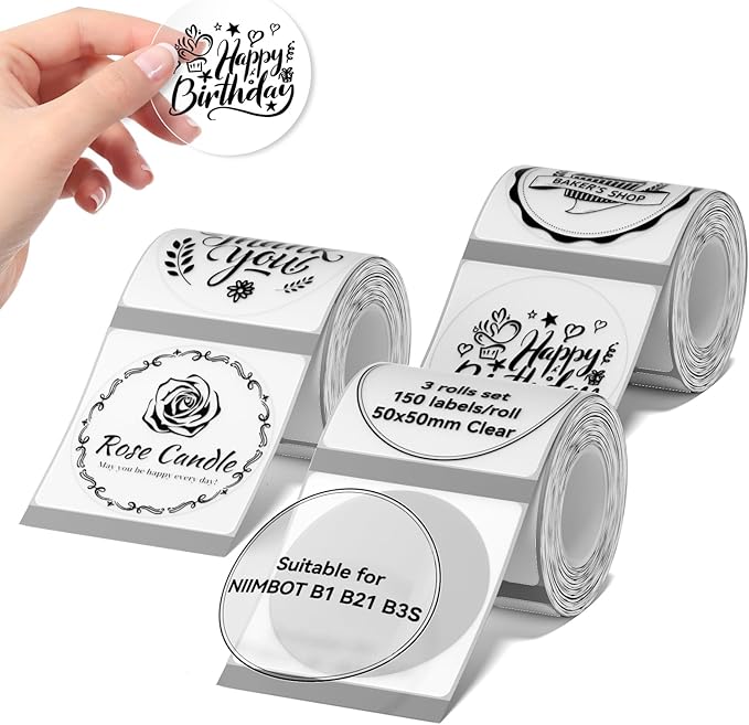NIIMBOT Labels for B1/B2/B21/B31/K3 Sticker Printer, 50x50mm, Clear Round | 3 Rolls Set, 1.97'' x 1.97'', 150 Labels/Roll, Refill Labeling Tape for Home School Office Small Business