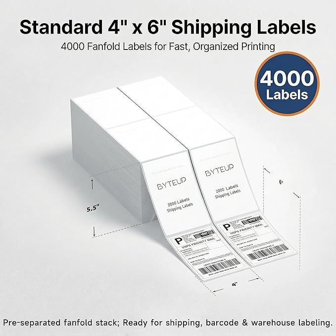 4x6 Direct Thermal Shipping Labels, 4000 Fanfold Labels, Strong Adhesive Shipping Label Paper, Water Oil Scratch Resistant, BPA & BPS Free, FSC Certified, for Most Direct Thermal Printers.
