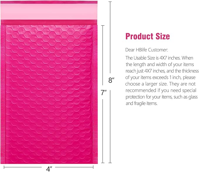 HBlife 50Pcs Bubble Mailers, 4x8 Inches Self Seal Hot Pink Poly Mailers, Padded Envelopes Shipping Bags Packaging for Small Business
