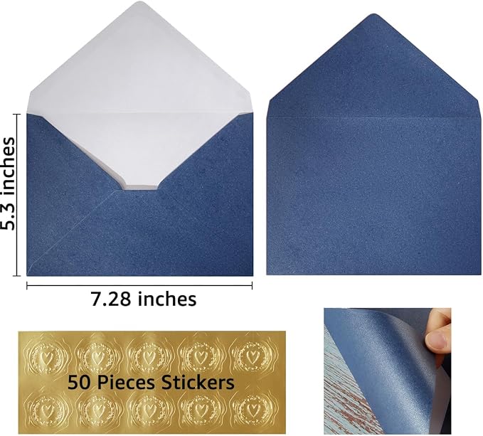 50 Pieces Shiny Envelopes with Gold Stickers, Navy Blue, 5x7 | Gold Stickers Included, For Wedding Invitations, For Graduation, For Baby Shower, For Greeting Cards
