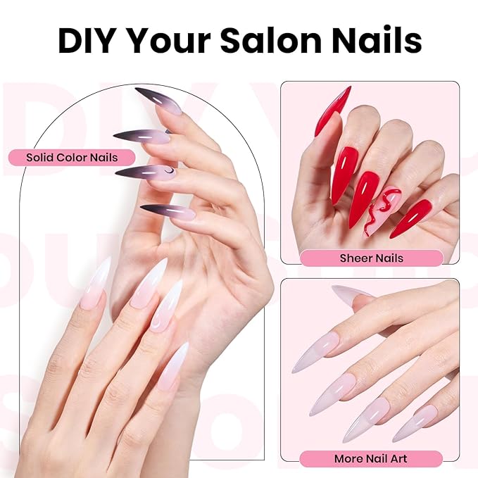 Beetles Tipex Instant Apex Nail Tips Kit with Dehydrator & Primer, Long Stiletto, 224PCS 16 Sizes, Reinforced Apex for Strong Long-Lasting Wear, 20g Solid Nail Glue, Mini UV Lamp, Base & Top Coat
