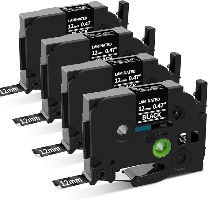 TZe-335 Black Label Tape Compatible with Brother PTouch Label Tape TZe335 | TZe Tz Tape 12mm 0.47 Laminated White on Black for Brother P touch PT D210 D220 H110 D600 Label Maker, 4-Pack