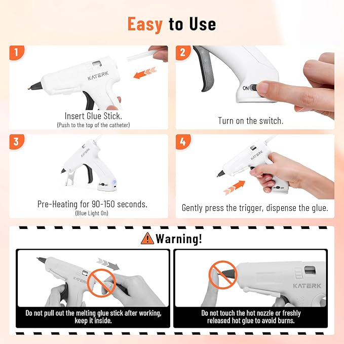 Katerk 3.7V Cordless Hot Glue Gun Kit, 90s Fast Heating, Mini Glue Gun with 15 Glue Sticks, USB-C Rechargeable with 2000mAh Built-in Battery, Ideal for DIY, Gift Making,School Crafts & Repairs (White)