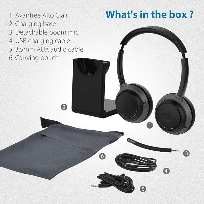 Avantree Alto Clair - Bluetooth Headset with Mic and Charging Base | aptX HD headset with detachable microphone, mute control, charging base.