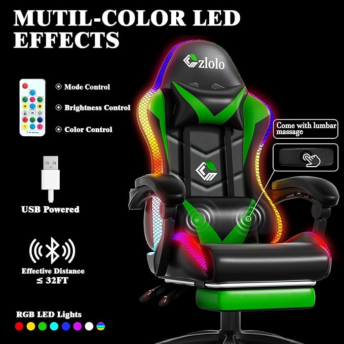 Gaming Chair, RGB LED Lights Computer Chair with Footrest, Lumbar Support Massager Gamer Chair, High Back, 90-135° Reclining, Linkage Armrests, Green