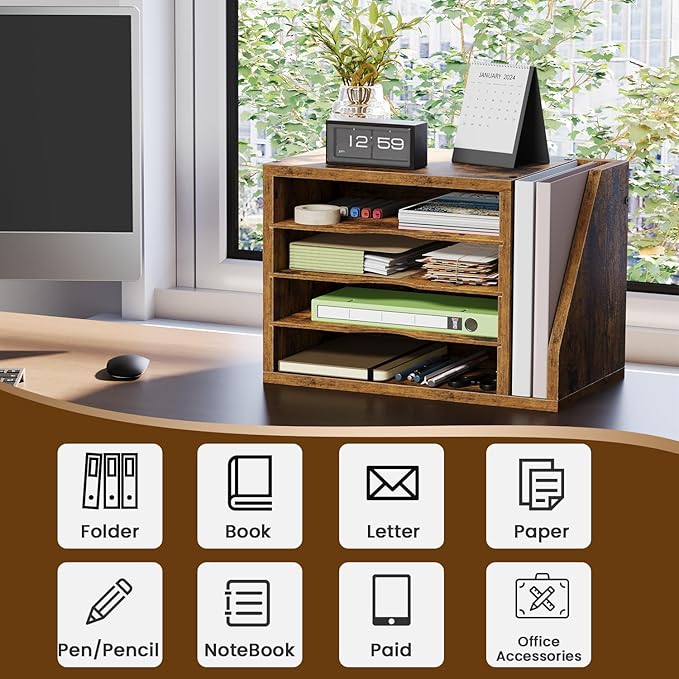 Mail Sorter, File Organizer Desktop, Wood Desk Organizer with 3 Adjustable Shelves, Mail Holder for Office, Home, Letter Sorter File Holders for Envelopes, Supplies Magazines, Rustic Brown