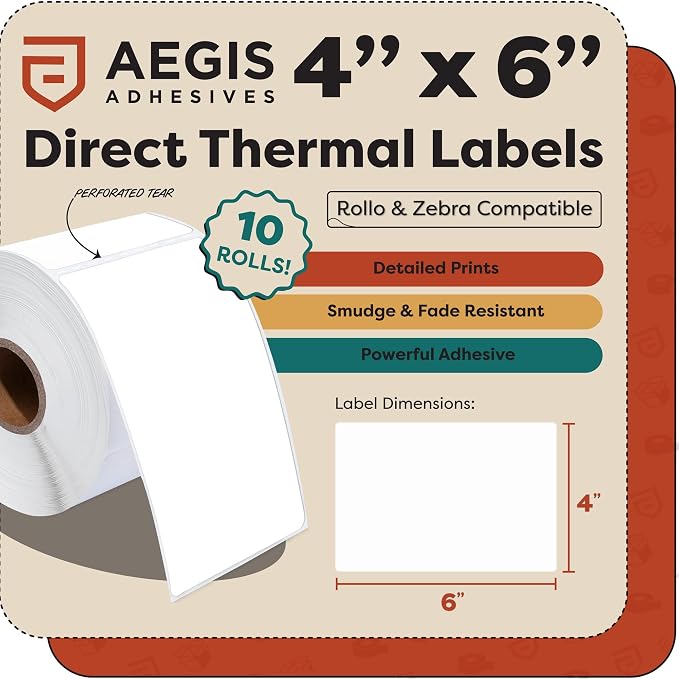 Aegis Adhesives - 4" X 6" Direct Thermal Labels (2500 Count, 10 Rolls) - Printable Postage Shipping Labels for Packages and Returns - Compatible with Zebra and Rollo Printers | Postage Shipping Labels for Packages and Returns - Compatible With Zebra an...