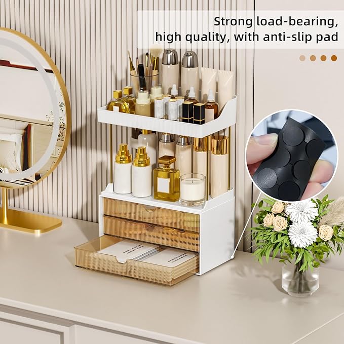 StorBin Arcylic 5-Tier Makeup & Skincare Organizer for Vanity, Bath, 2 Sets | Smooth 3 drawers, clear body, gold frame, non-slip, for perfumes, serums, face masks, palettes, vanity & bath counter,Amber