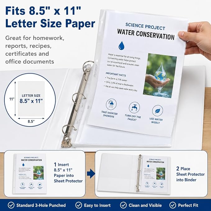 1 Inch Binders 3 Ring Set, White 1" Round + 50 Sheet Protectors | 50 Top-Loading Page Protectors, Clear View Cover & Spine, Fits 8.5 x 11 Letter Paper; for School, Office and Home Filing Use