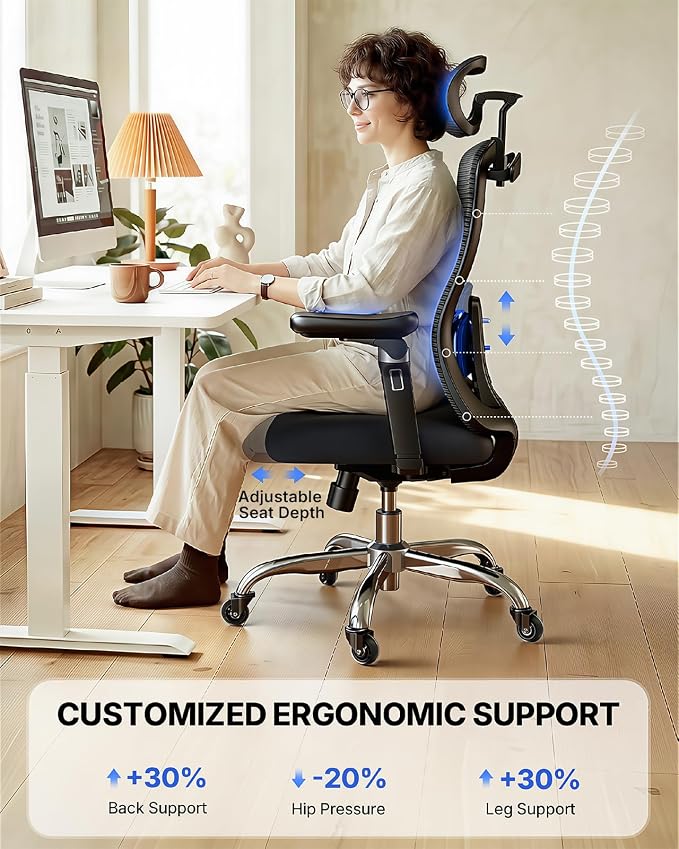 HUANUO Ergonomic Office Chair with 6D Armrest, Seat Depth Adjustment, Lumbar Support, Quiet Rubber Caster, High Back Mesh Gaming Chair with 3D Headrest, Big and Tall Chair for Home Office, Pack of 2