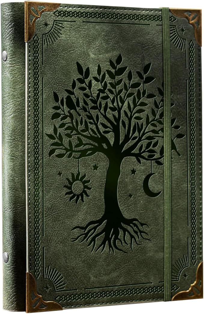 PU Leather A5 Binder 6 Ring Refillable Journal Cover No Refill Paper A5 Planner Binder Loose Leaf Binder for Notebook 5.7”x8.3” with Elastic Closure, Green Tree