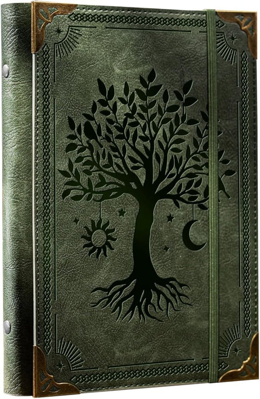 PU Leather A5 Binder 6 Ring Refillable Journal Cover No Refill Paper A5 Planner Binder Loose Leaf Binder for Notebook 5.7”x8.3” with Elastic Closure, Green Tree