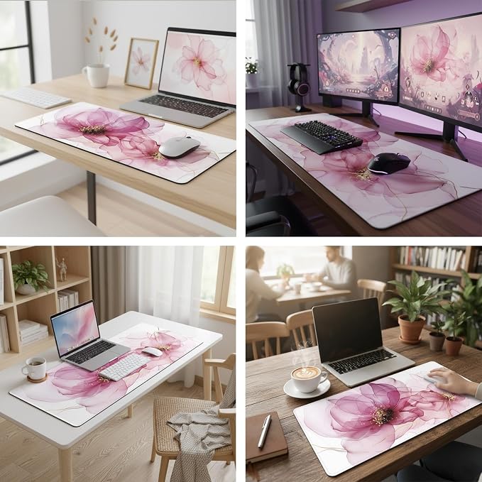 Pink Alcohol Ink Desk Mat (31.5 x 11.8 Inch), Large Abstract Floral Mouse Pad with Gold Accents, Elegant Magenta Fluid Art Design, Non-Slip Laptop Base, Modern Office Decor