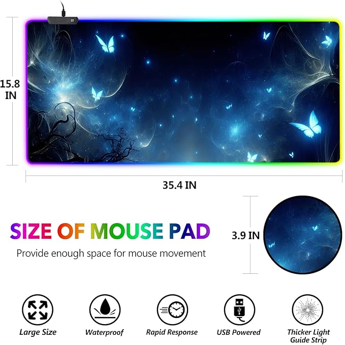 AIMSA RGB Gaming Mouse Pad XXL Large, Extended Glowing Led Light Up Cool Mouse pad Desk Pad Non-Slip Rubber Cute Mousepad Mat 35.4x15.8 Inch, Mysterious Glowing Butterfly