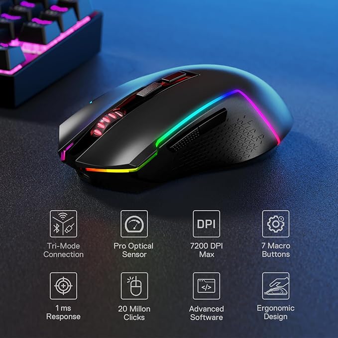 Redragon S136 Gaming Keyboard & Mouse Combo, 75% K628 Tri-Mode Wireless RGB Mechanical Keyboard and 7200 DPI Wireless Gaming Mouse Bundle, Convenient Shared Dongle