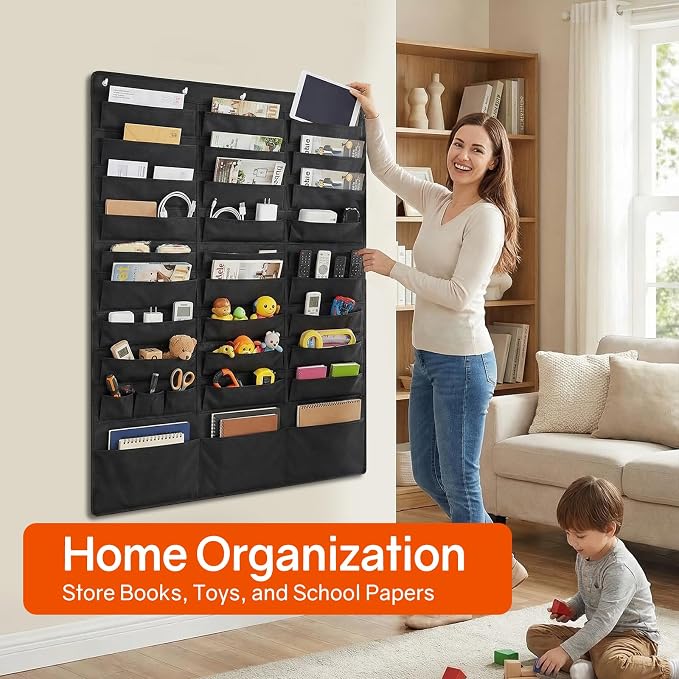 SUNEE 30 Pockets Hanging Wall File Organizer, Black Storage Pocket Chart for File Folder and Paper, Space Saver for Office and Classroom, with Wall Hangers, Over The Door Hooks, Labels