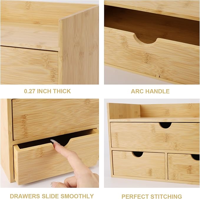 Bamboo Desk Organizer With Drawers Countertop Drawers Counter Storage Box Corner Desk Organizer for Home Office No Assembly Required (3 Drawers with shelf)
