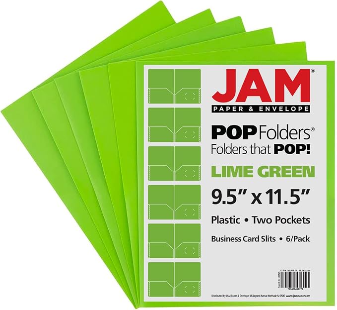 JAM PAPER Plastic 2 Pocket POP Folders - Durable School Folders - Lime Green - 6/Pack
