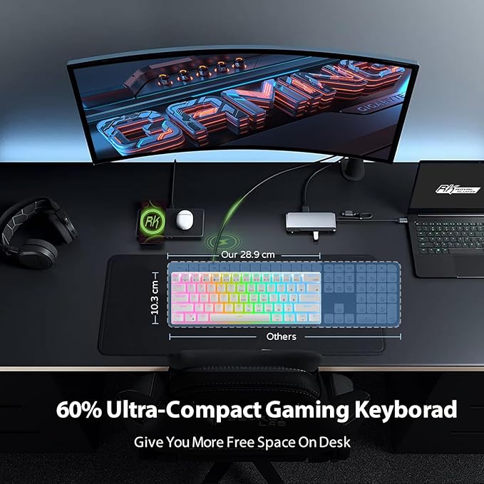 RK ROYAL KLUDGE RK61 Wired 60% Mechanical Gaming Keyboard Programmable QMK/VIA RGB Backlit 61 Keys Ultra-Compact Hot Swappable Brown Switch White
