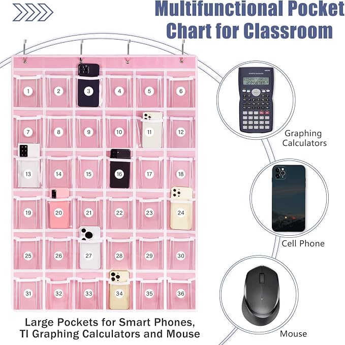 Loghot 36 Clear Pockets Classroom Pocket Charts for Cell Phone Holder | Phone Pocket with 36 Numbered Stickers & 4 Metal Hooks, Wall Door Mount Multi-Purpose Hanging Pocket Organizer for Classroom