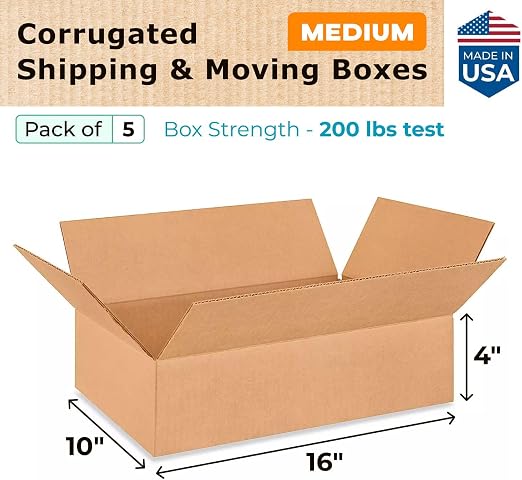 Medium Moving & Shipping Boxes 16 x 10 x 4 inches (5-Pack) - Extra Strength 200 lb vs Regular - Corrugated Strong Boxes for Shipping - Cardboard Box for Delivery - Heavy Duty Box by IDL Packaging | Extra Strength 200 lb vs Regular - Corrugated Strong B...