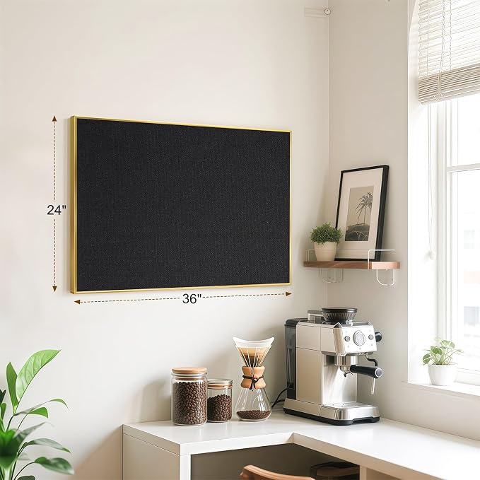 Linen Bulletin Board, 36"x24" Decorative Fabric Pin Board Vision Board | Gold Aluminum Frame, Upgraded Black Canvas Surface, Wall Mounted, for Home Office Bedroom Dorm Wall Decor
