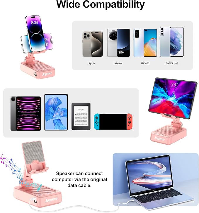 Gifts for Women Girls, Phone Stand with Bluetooth Speaker and Charging Function 360° Rotable Angle Adjustable Cell Phone Holder with HD Stereo Sound Fits All Phones,Tablet (Pink)