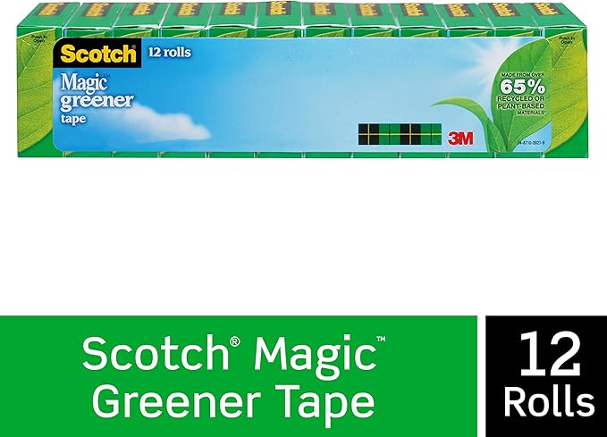 Scotch Magic Greener Tape, Invisible Tape for Fixing Paper, Office Supplies and Back to School Supplies, 0.75 in .x 900 in., 12 Rolls (Pack of 12)