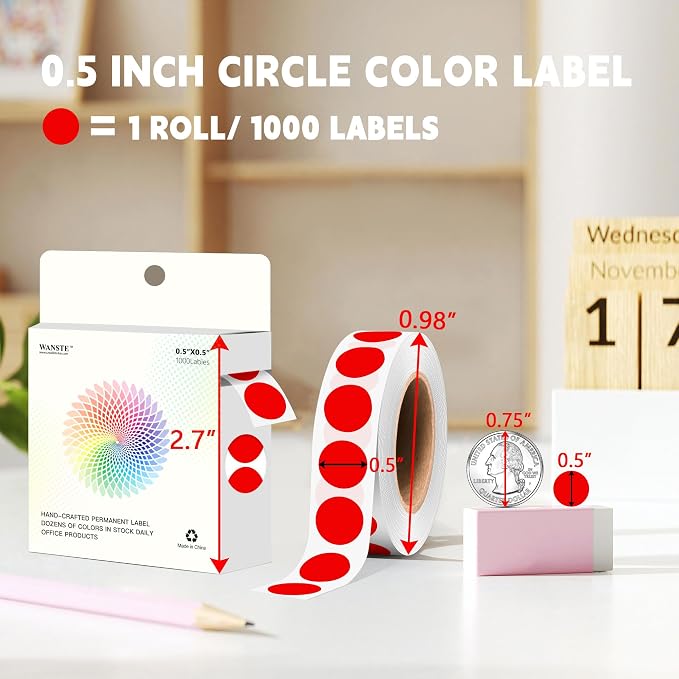 1000 PCS Colored Dot Stickers 1/2" Round Circle Colored Coding Labels Dot Stickers for Toddlers,Classroom,Office (Red)