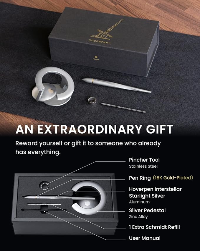 novium Hoverpen Interstellar - Luxury Pen Made With Aerospace Alloys | Unique Aesthetic, Free Spinning Executive Pen, Desk Decor (Starlight Silver, 18K-Gold)