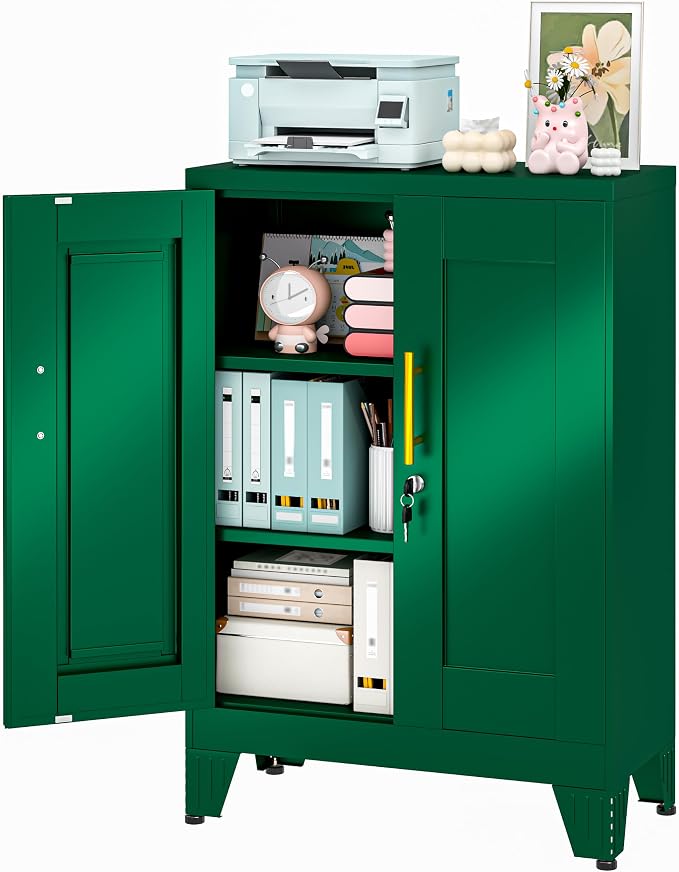 36" Metal File Garage Storage Cabinet with Lock,Lockable Office File Cabinet with 2 Doors and 2 Adjustable Shelves,Outdoor Steel Locker Organizer for Home Office,Gym,School,Warehouse(Green)