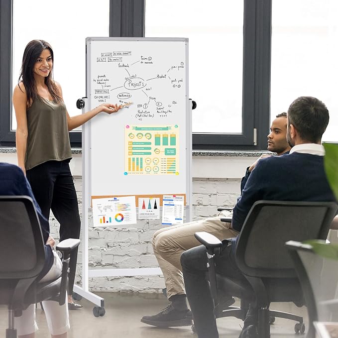 Maxtek Rolling White Board 48 x 24 in, Magnetic Cork Board Combo on Wheels | Mobile Easel Height Adjustable Magnetic Dry Erase and Cork Board Double-Sided with Stand for Classroom, Home, School, Office