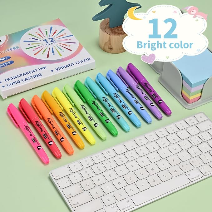 Cgerma Highlighters Assorted Colors Set, 12 Pack, Chisel Tip Bright Colors, Dry Quickly Colored Highlighters for Journaling, Study Notes, School Office Supplies