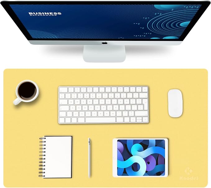 K KNODEL Small Office Desk Mat, Leather Mouse Pad (23.6"x13.8", Yellow) | Desk Pad, Keyboard Pad, Computer and Laptop Mat, Desktop Protector and Cover, Writing Pad and Blotter for Home Office