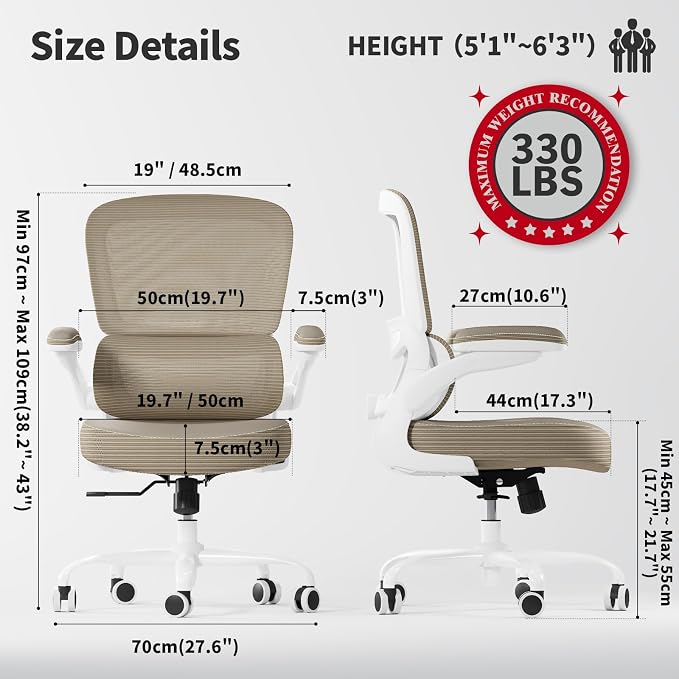 TRALT Ergonomic Office Chair Desk Chair with Adjustable Lumbar Support | Desk Chair Comfy with Flip-up Armrests Ergonomic Chair - Mesh Computer Chairs for Adults, 330lbs, PU Leather (Khaki, 1)