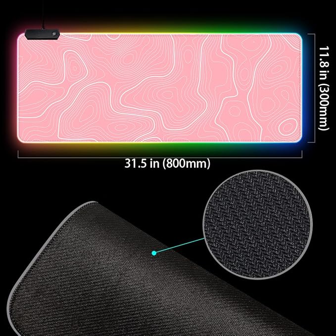 Pink RGB Mouse Pad LED Desk Mat Large Gaming Mousepad Pink and White Line Design, Keyboard Pad XL Mouse Mat for Home and Office