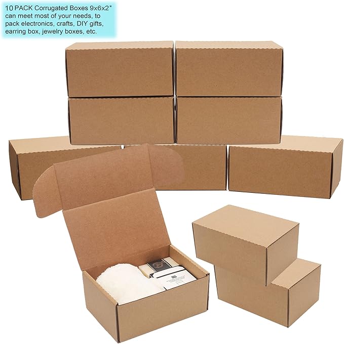 9x6x2'' Small Shipping Boxes for Packaging (inner size), YOUNGKEE 10 Pack Small Cardboard Boxes for Crafts, Recyclable Corrugated Boxes for online Business, Mailer, Gift Packing, Jewelry Box, Brown