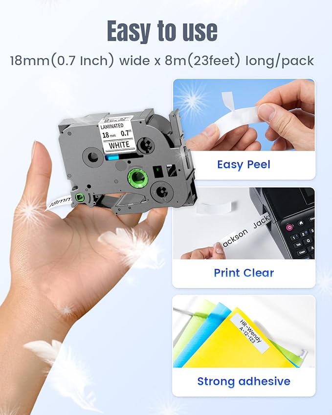 Tz Tape 18mm 0.7 Laminated White Replacement for TZe-241 TZe Ptouch Black on White Compatible with Brother P-Touch Label Maker Refills PTD400 PTD600, 3/4 Inch x 26.2 feet, 4 Pack