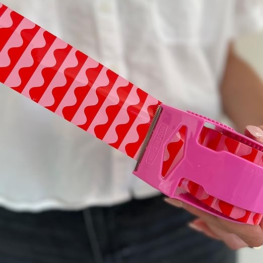 Decorative Packing Tape with Pink Dispenser – Pink & Red Wavy Pattern, 1.88" x 22.2 Yards – Cute Printed Shipping Tape for Gifts, Small Business Essentials, and Mailers