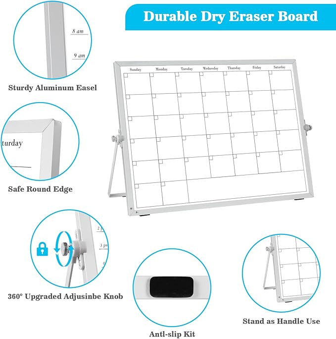 Desktop Whiteboard with Stand, 16"×12" Double-Sided Magnetic Dry Erase Calendar, Weekly Monthly Schedule with Time Slots, Portable for Home, Office, Planning, Memo, to Do List