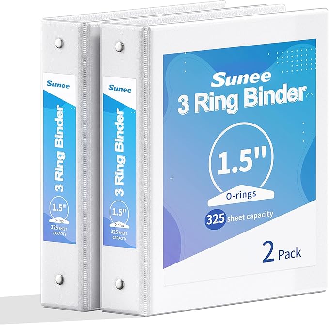 SUNEE 3 Ring Binder 1.5 Inch 2 Pack, Clear View Three Ring PVC-Free (Fit 8.5x11 Inches) for School or Office Supplies, White