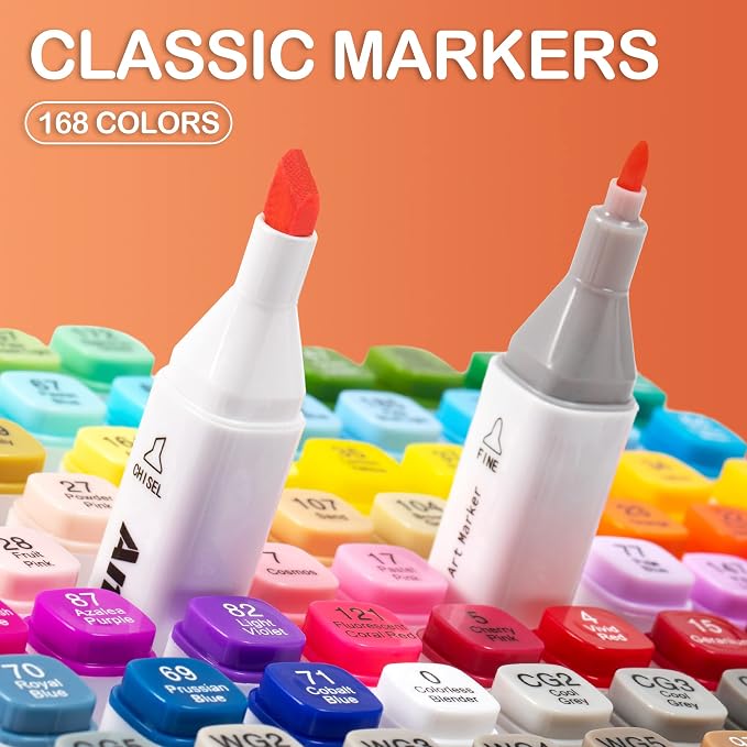 AnyMark 168 Colors Alcohol Markers Chisel & Fine Dual Tip | Coloring Markers Set for Adult Book Drawing Sketching Painting, Illustration, White Penholder